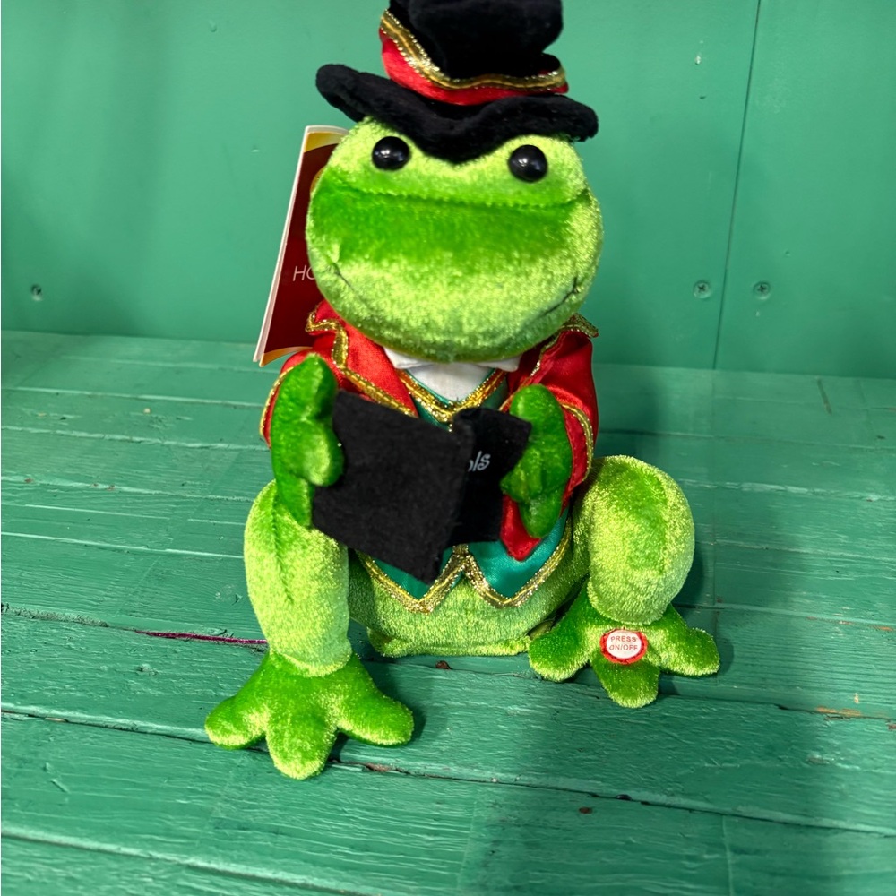 Holiday Time Green Frog in Red and Black Outfit